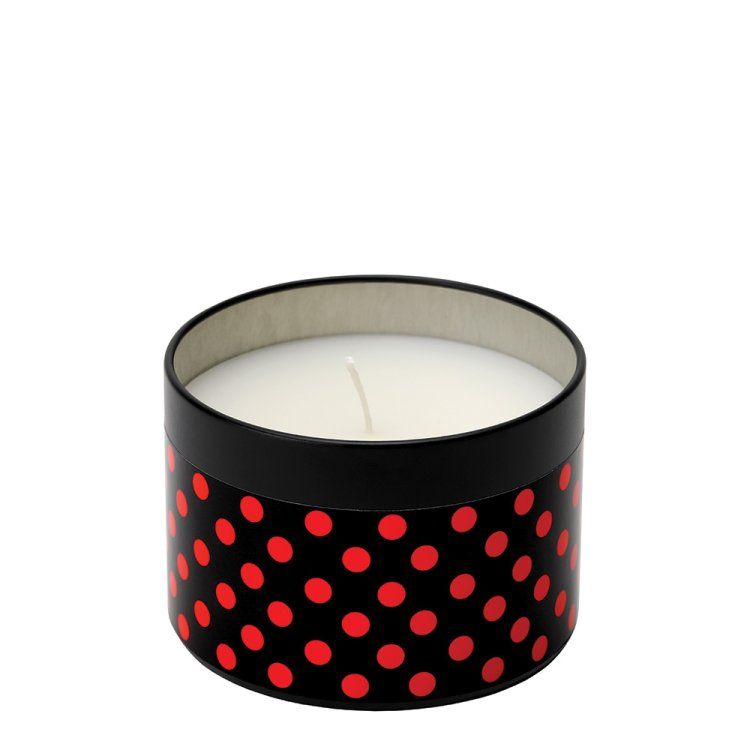 Geurkaars met Minnie Mouse-geur in een zwart blikken doosje met rode stippen en een rood deksel.