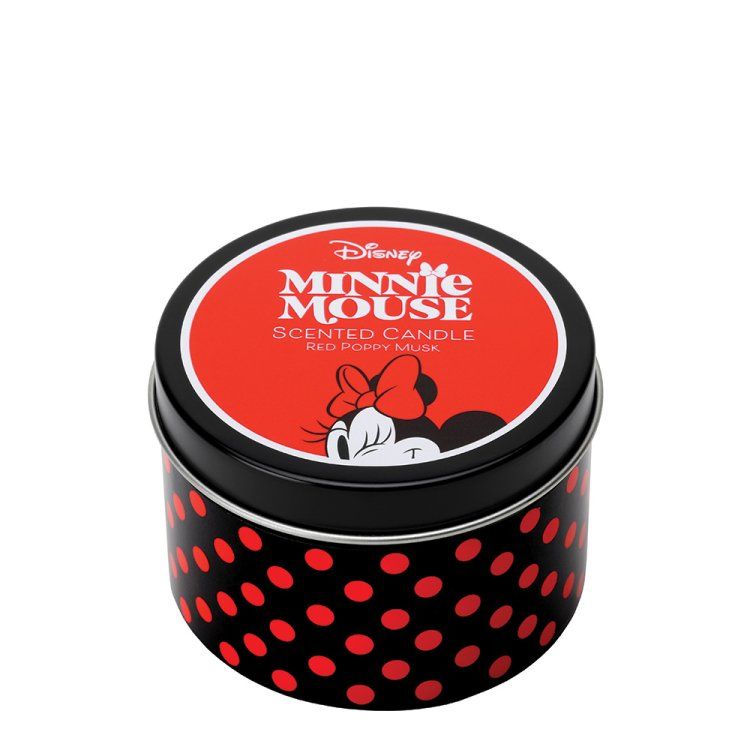 Geurkaars met Minnie Mouse-geur in een zwart blikken doosje met rode stippen en een rood deksel.