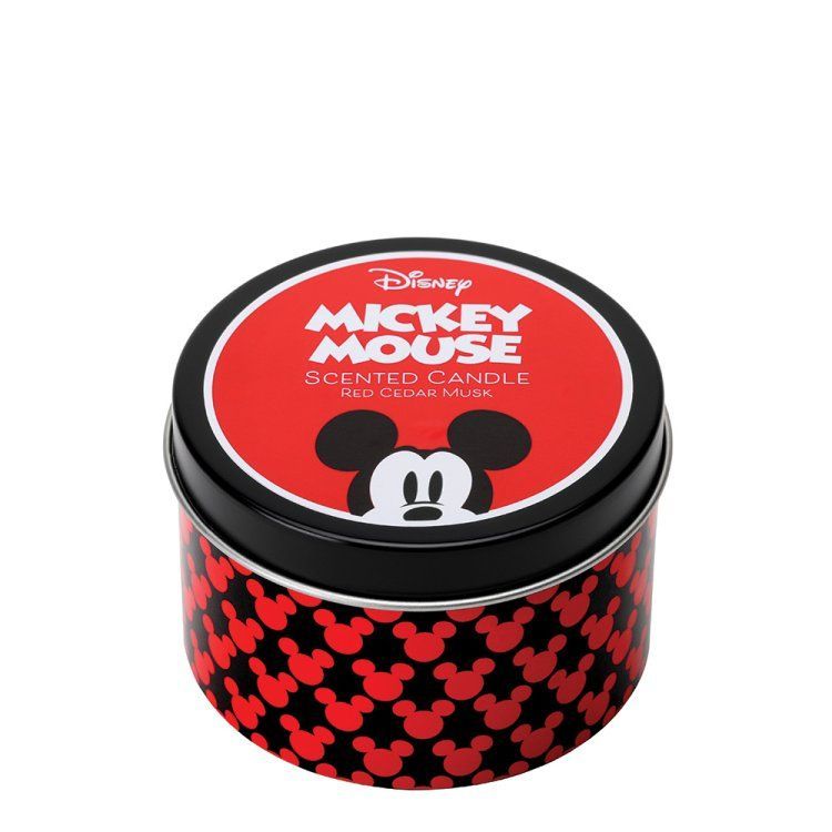 Geurkaars met Mickey Mouse-geur in een rond rood en zwart blikken doosje.