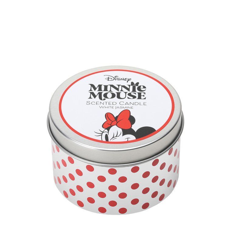 Geurkaars met Minnie Mouse-geur in een wit blikken doosje met rode stippen.