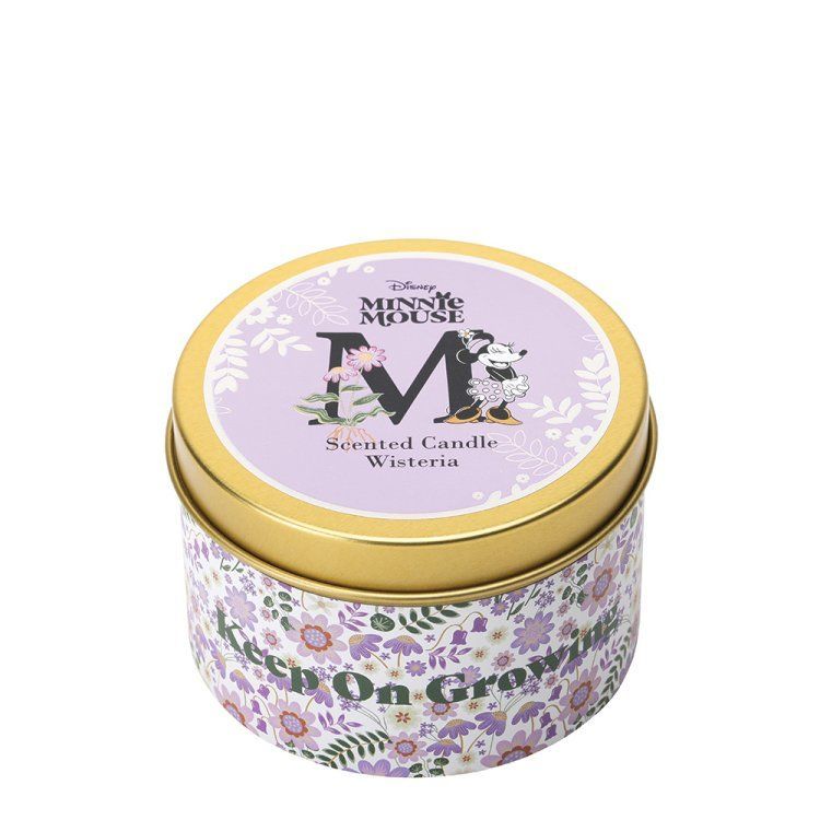 Geurkaars met Minnie Mouse-geur in een gouden blikje met bloemenpatroon, paars en wit design.