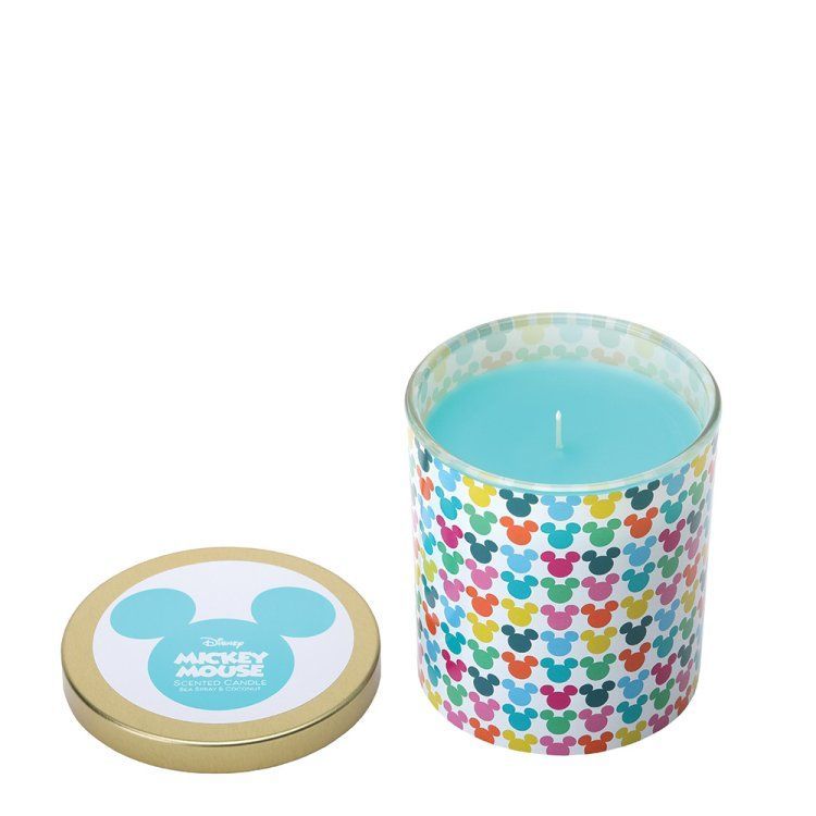 Mickey Mouse-kaars met blauwe was. Gouden deksel en kleurrijke Mickey-afbeeldingen op glas.