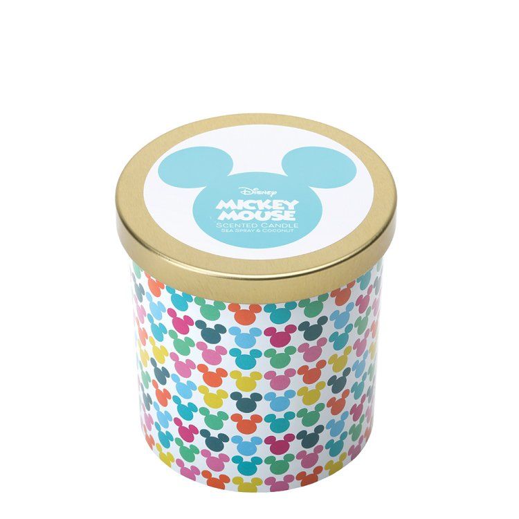 Een Mickey Mouse-verpakking met een kleurrijk Mickey Mouse-hoofdpatroon; gouden deksel en een blauw Mickey-silhouet.