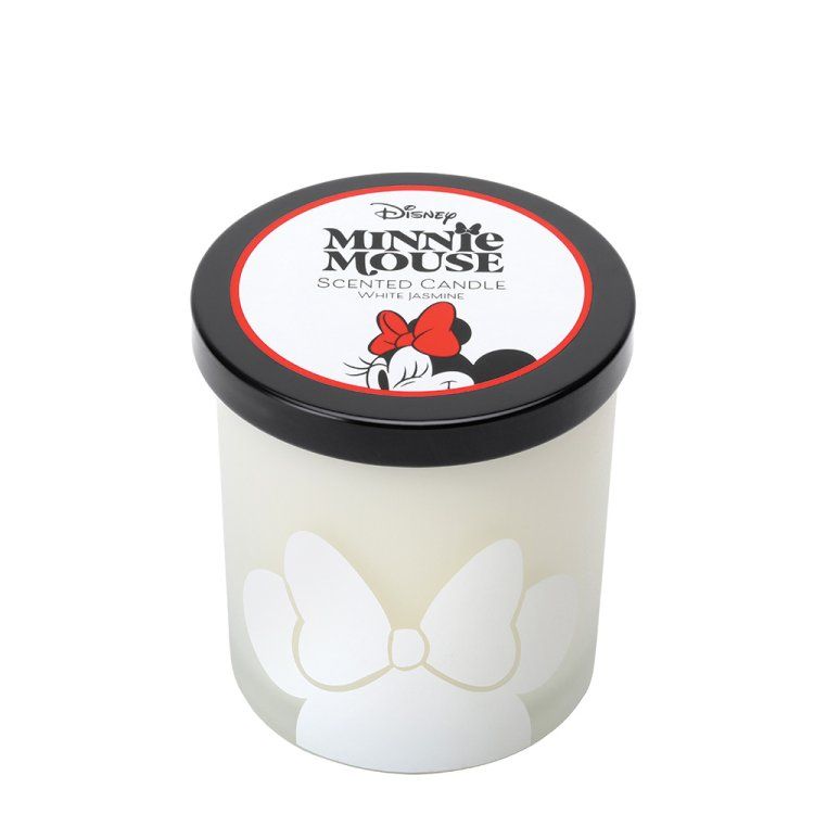 Geurkaars met Minnie Mouse-geur in een glazen pot met een zwart deksel en een strik aan de zijkant.