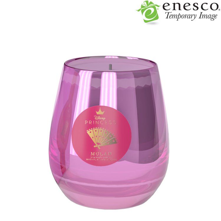Roze glazen kaars met een Disney Princess-etiket.