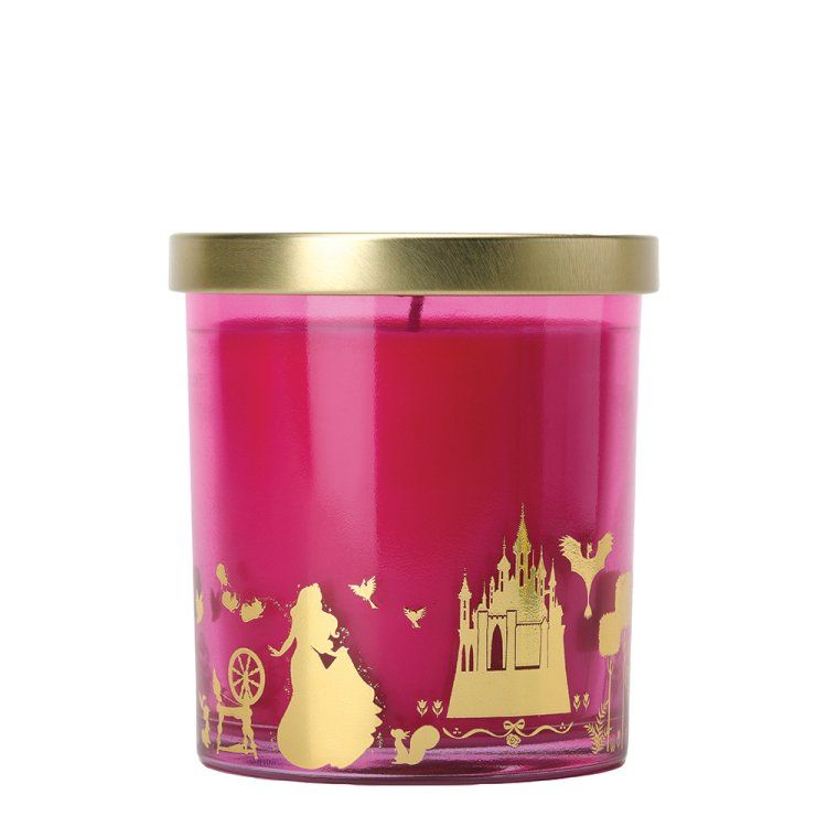 Roze kaars met gouden deksel en Disney-kasteelmotief.