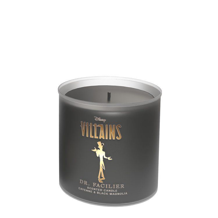 Donkergrijze kaars met gouden tekst en een afbeelding van Dr. Facilier uit Disney Villains.
