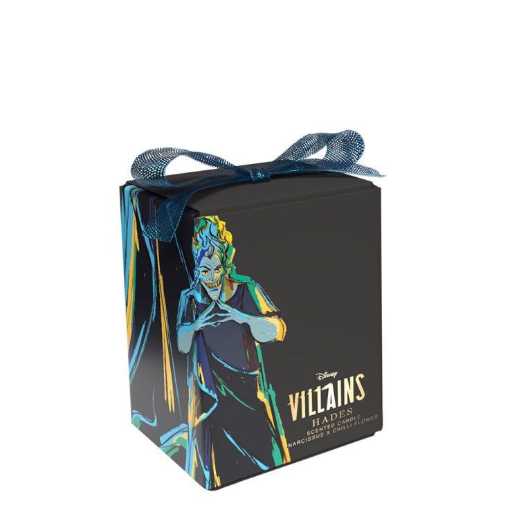 Zwarte Disney-kaars met Hades-afbeelding en gouden silhouet.