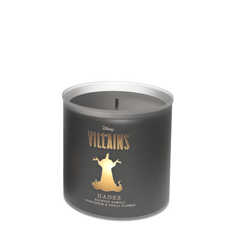 Zwarte Disney-kaars met Hades-afbeelding en gouden silhouet.