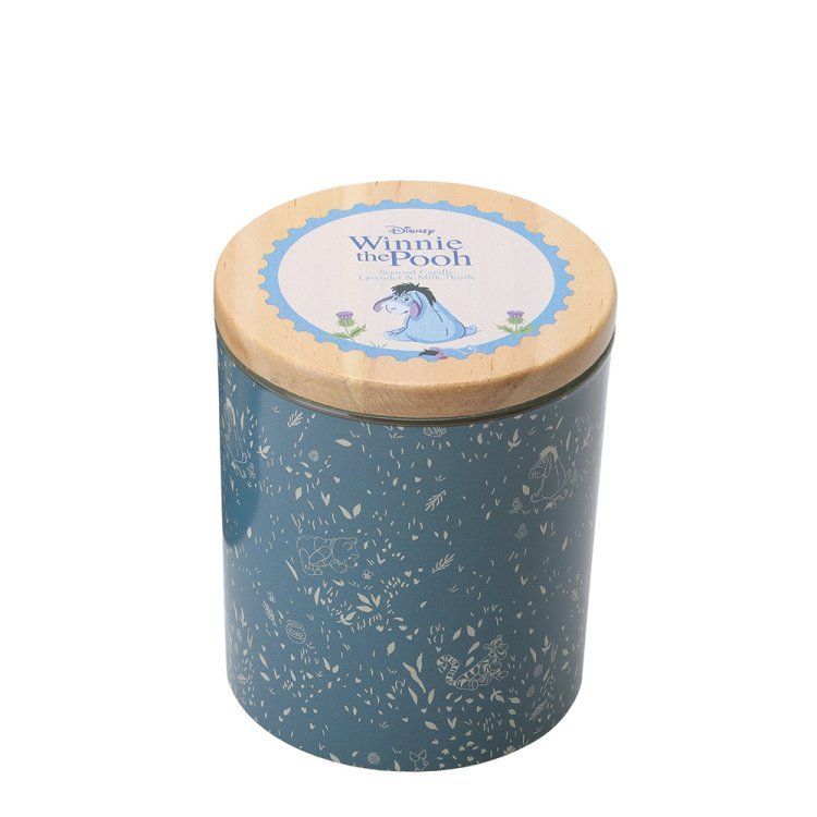 Blauwe gespikkelde pot met houten deksel, versierd met Winnie de Pooh.