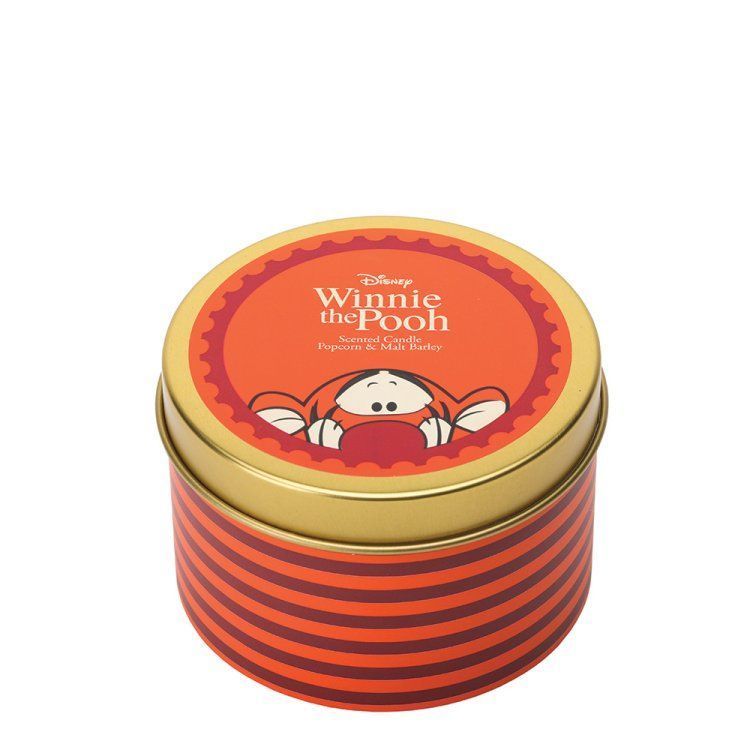 Blikje van Winnie de Pooh met een Tigger-ontwerp. Oranje en rood gestreept patroon aan de zijkanten.