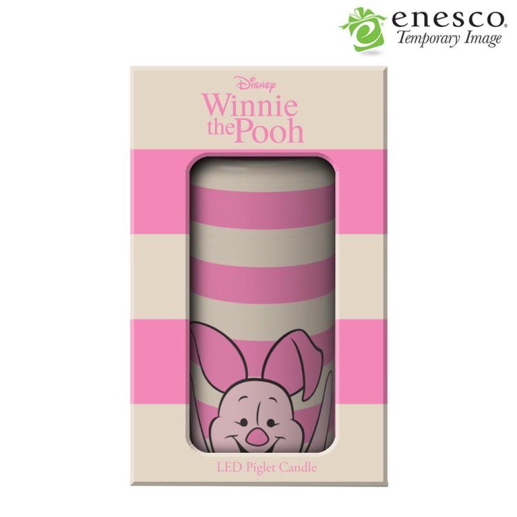 Roze en wit gestreepte keramische beker met Winnie de Pooh-figuurtje. Knorretje lacht onderaan.