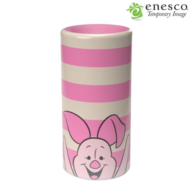 Roze en wit gestreepte keramische beker met Winnie de Pooh-figuurtje. Knorretje lacht onderaan.