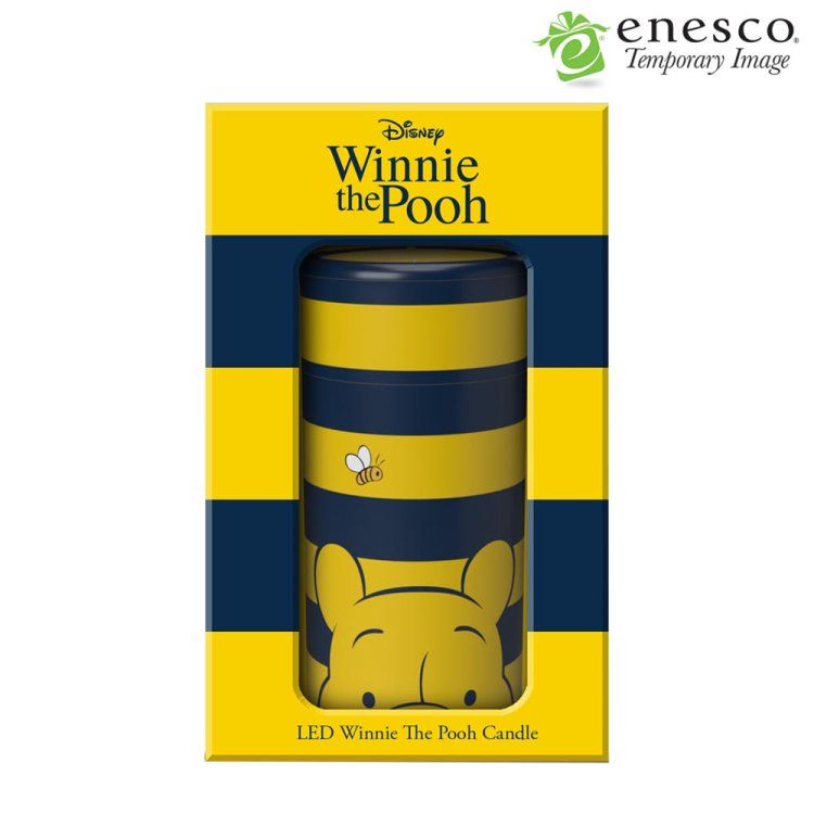 Cilindervormige container met Winnie de Pooh-thema, versierd met een bij en strepen.