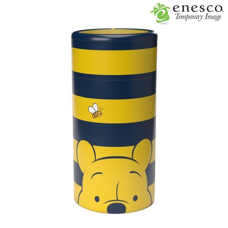 Cilindervormige container met Winnie de Pooh-thema, versierd met een bij en strepen.