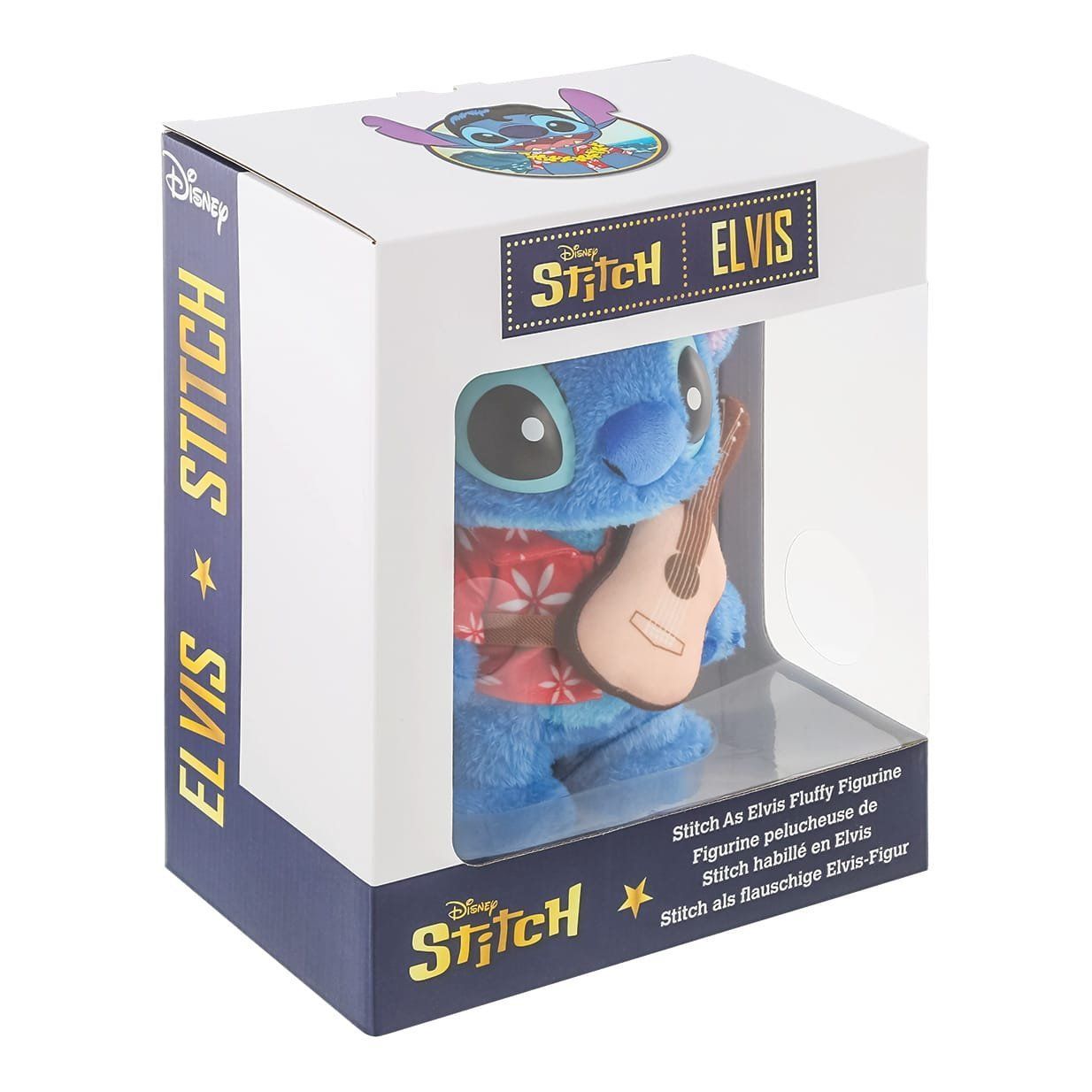 Pluche Stitch in doos, verkleed als Elvis, met een gitaar in zijn hand. Blauw, wit en goudkleurige doos met Disney-logo.