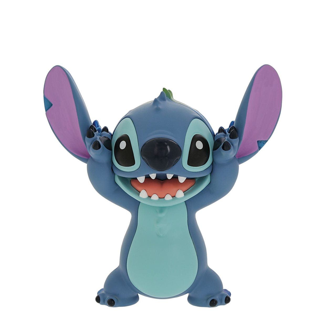 Drie aanzichten van Disney's Stitch, blauw met grote oren, armen omhoog. Lachende, neutrale en fronsende uitdrukkingen.