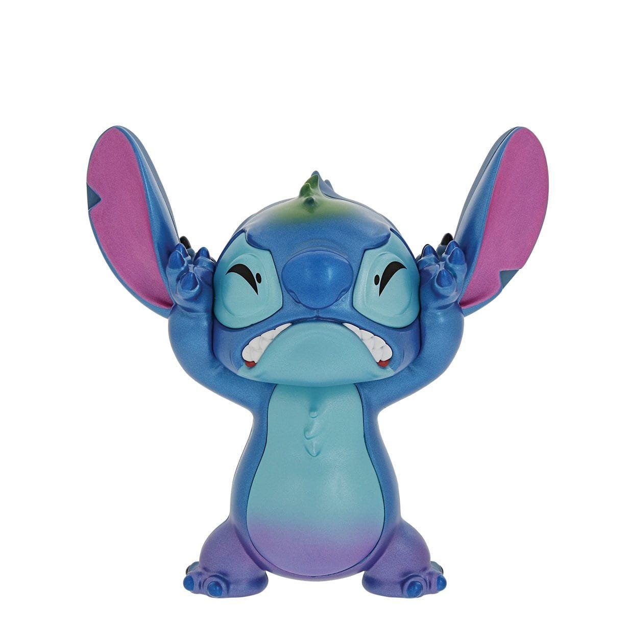 Een Stitch-figuurtje met de handen omhoog bij de oren, een gespannen uitdrukking, in blauwe en paarse kleuren.