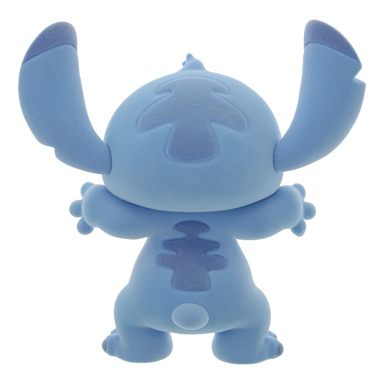 Blauw, gestructureerd Stitch-figuurtje met grote oren en zwarte ogen.