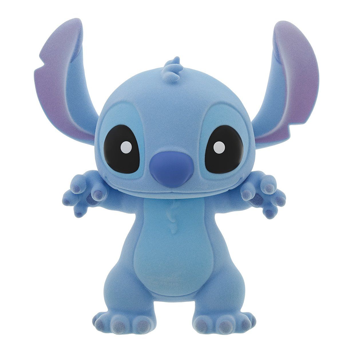 Blauw, gestructureerd Stitch-figuurtje met grote oren en zwarte ogen.