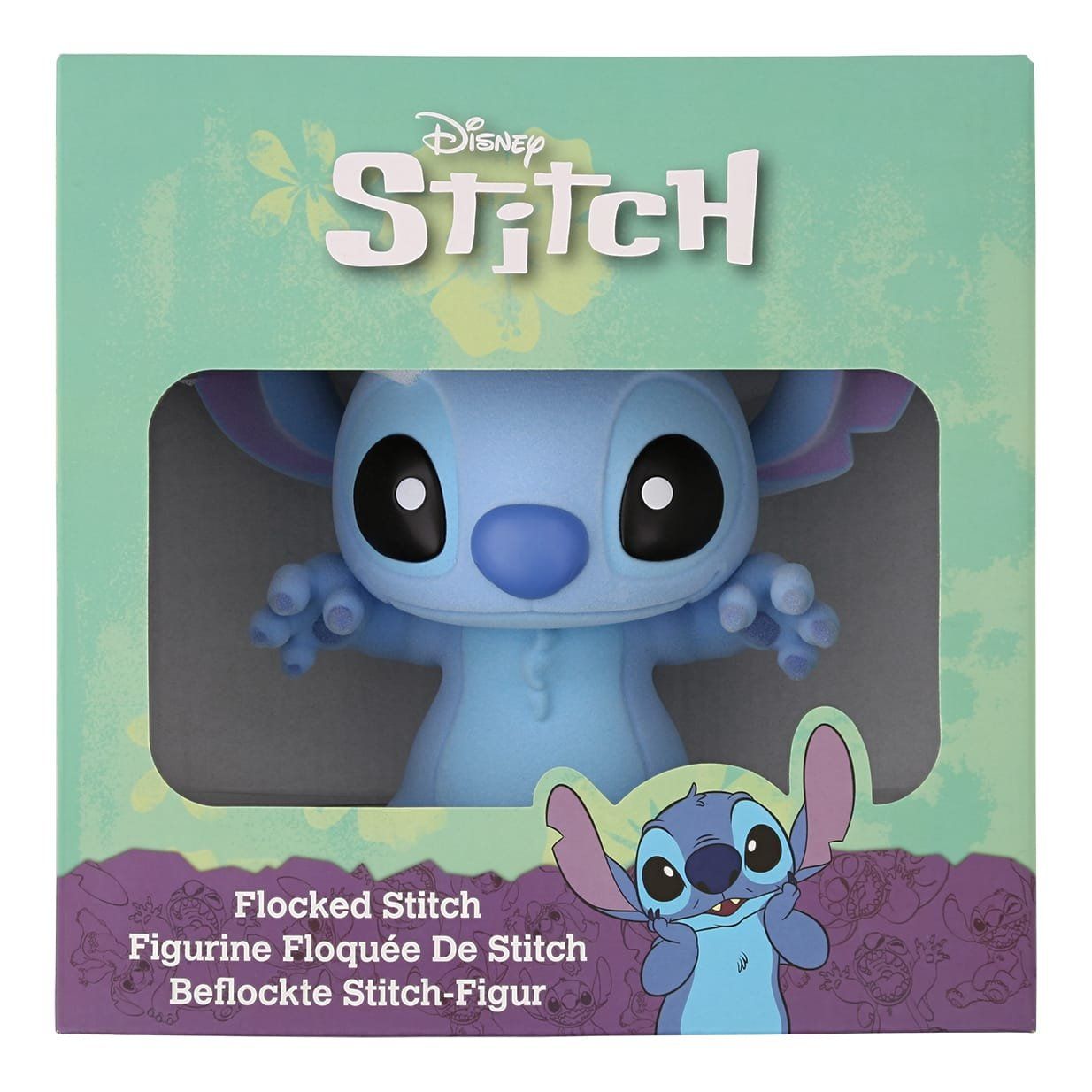 Figuurtje van Stitch in een doos, blauw met zwarte ogen, armen uitgestrekt, Disney-logo erboven.
