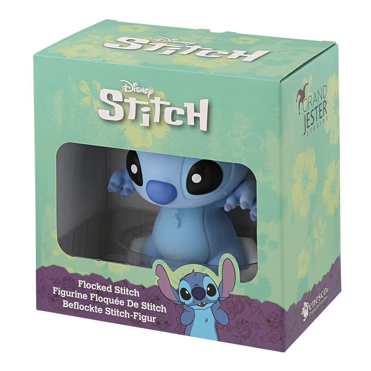 Disney Stitch-figuurtje in een doos. De doos is groen met het Stitch-logo en een afbeelding van Stitch.
