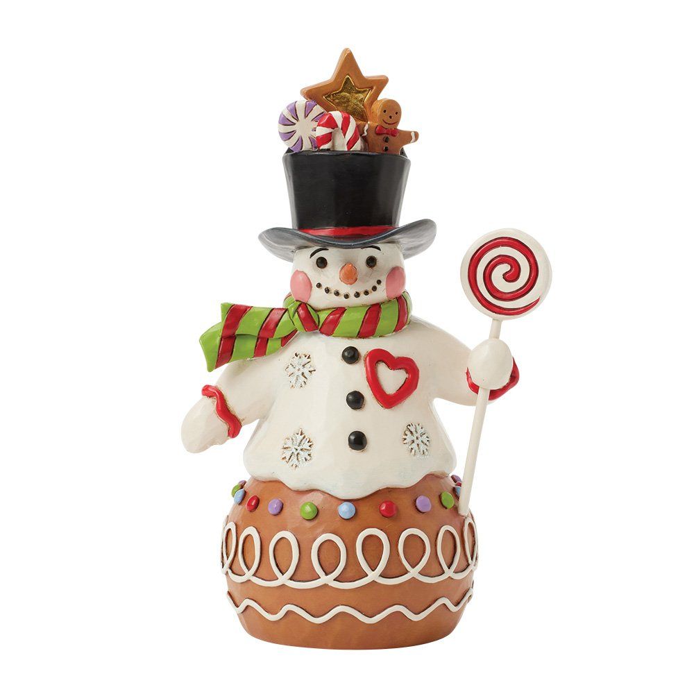 Feestelijke sneeuwpop met hoge hoed en sjaal, die een lolly vasthoudt en versierd is met snoep.