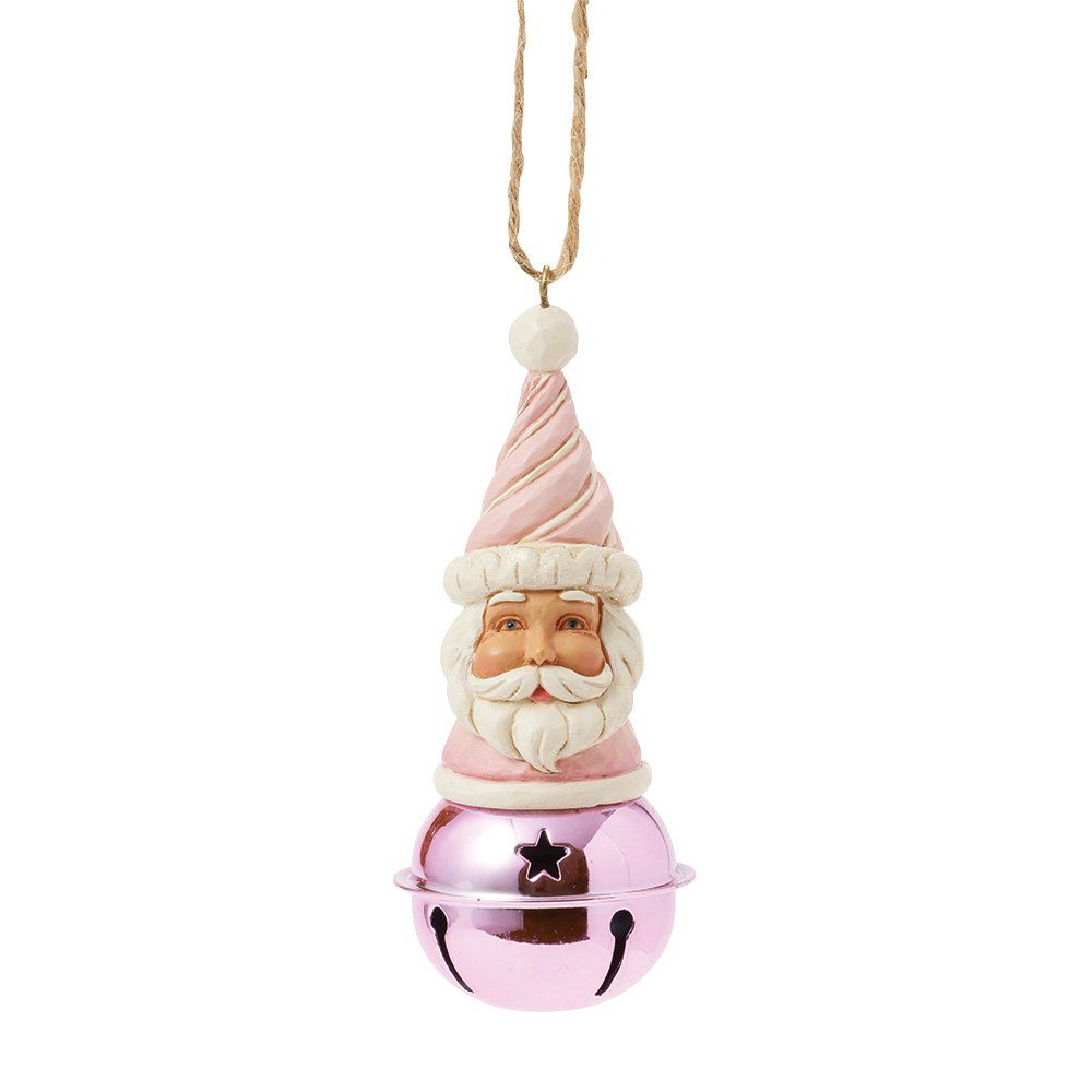 Roze kerstmanornament met belvoet en gouden koord.
