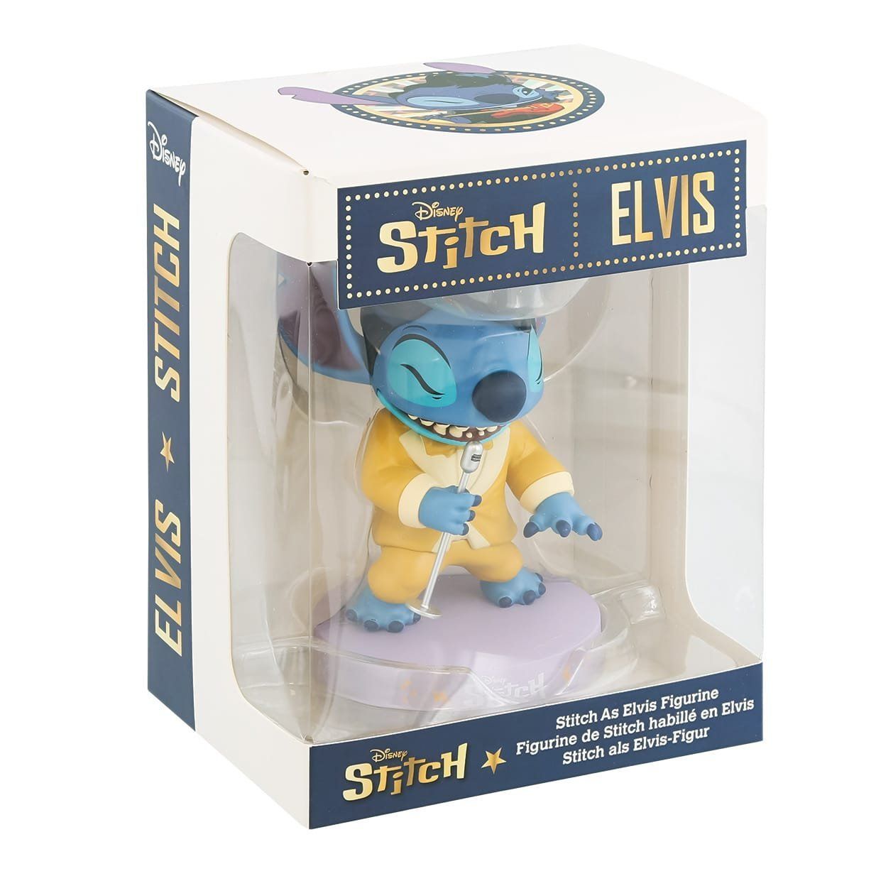 Een Stitch-figuurtje verkleed als Elvis, met een microfoon in zijn hand, op een paarse sokkel.