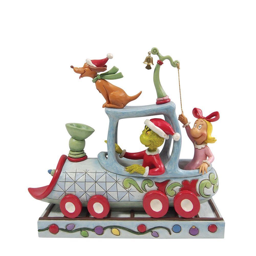 De Grinch en Max in een trein, Cindy Lou Who zwaait. Een speelse kerstversiering.