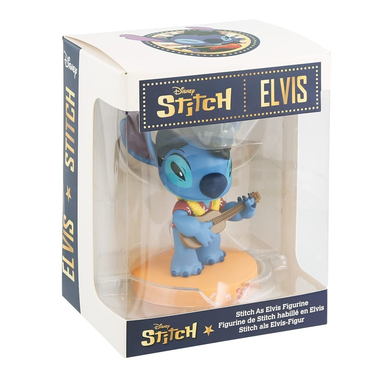 Een Stitch-figuurtje in Elvis Presley-outfit, spelend op een ukelele, op een sokkel met het