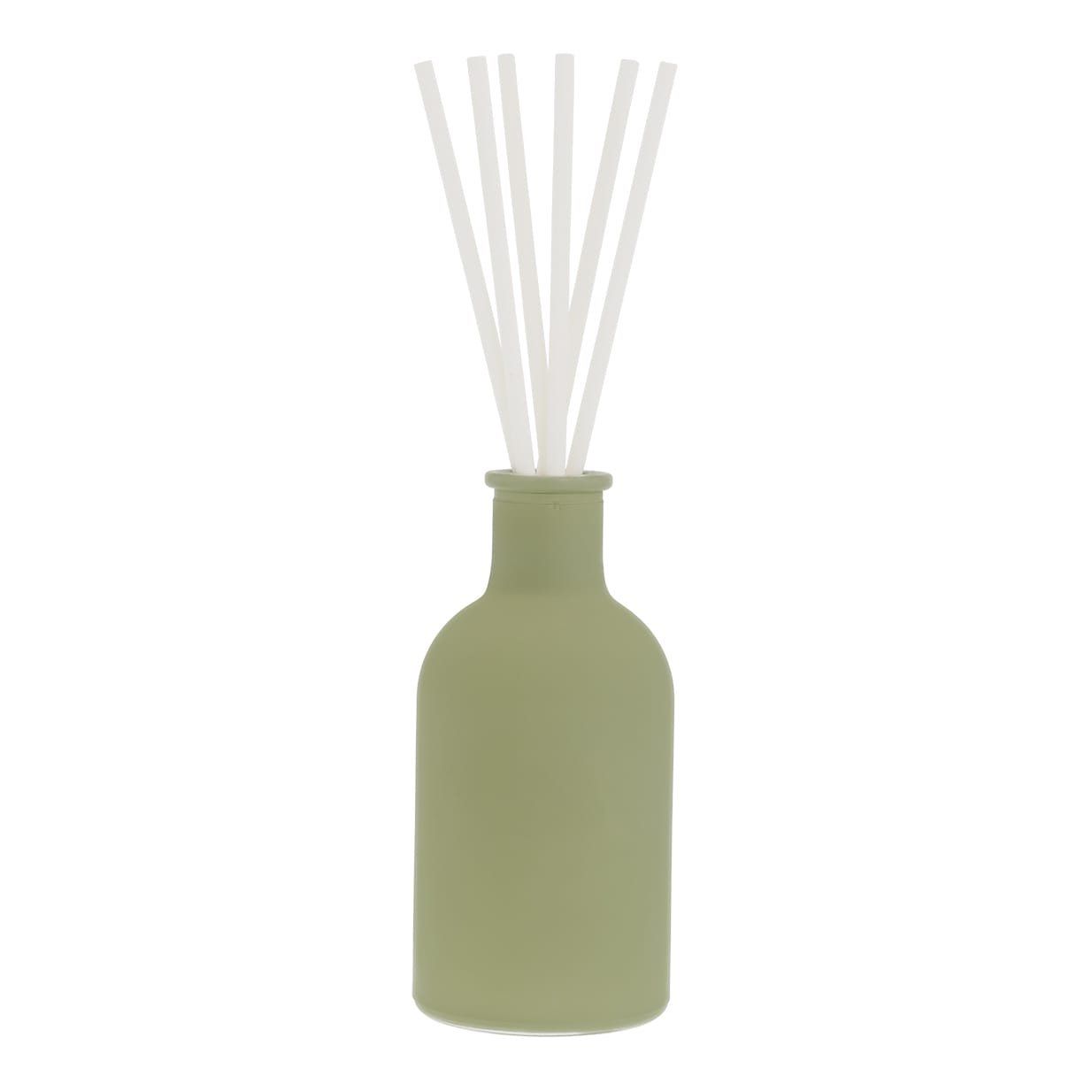 Groene diffuserfles met witte rietjes; tekst