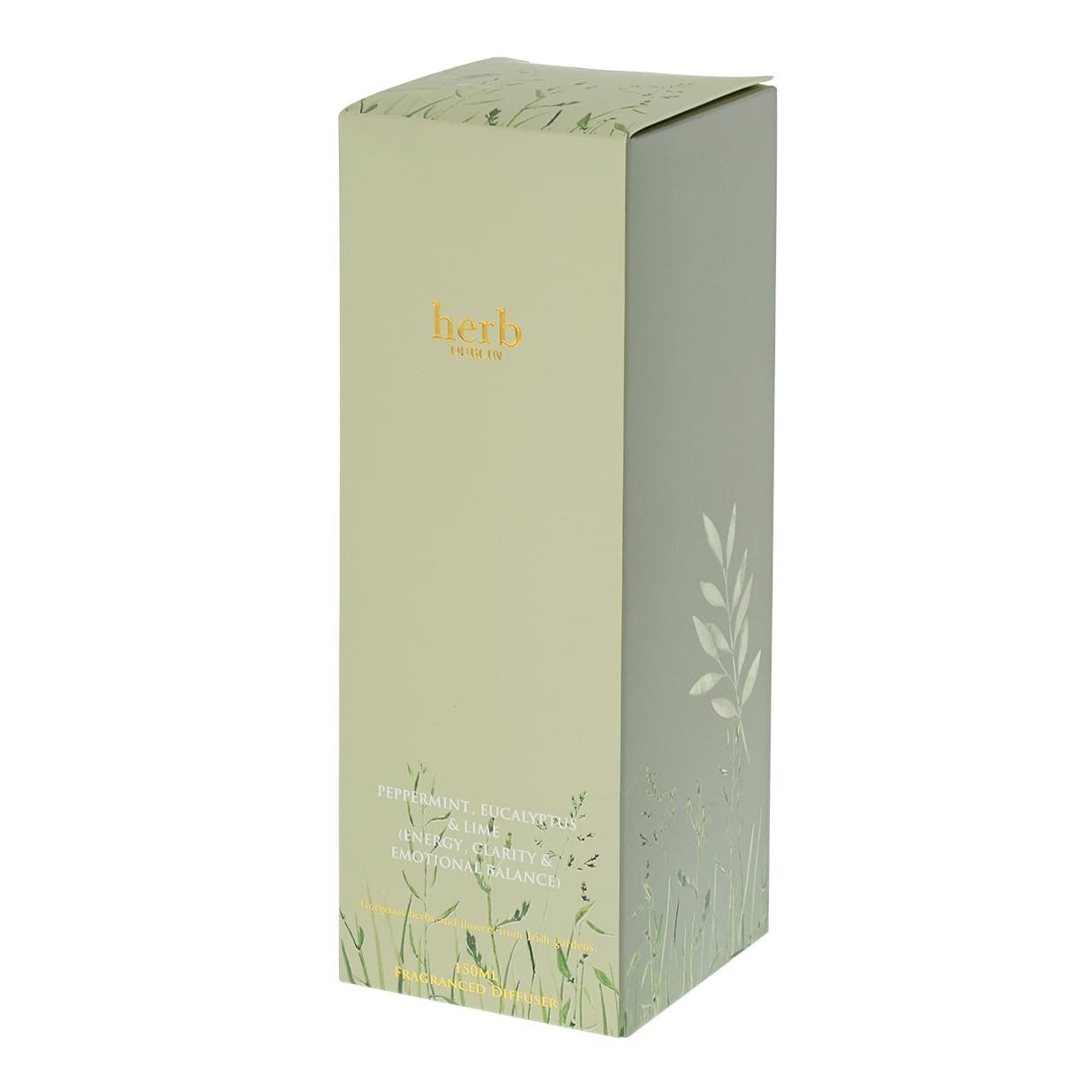 Hoge, groene geschenkdoos met botanische motieven in goud en zilver. 