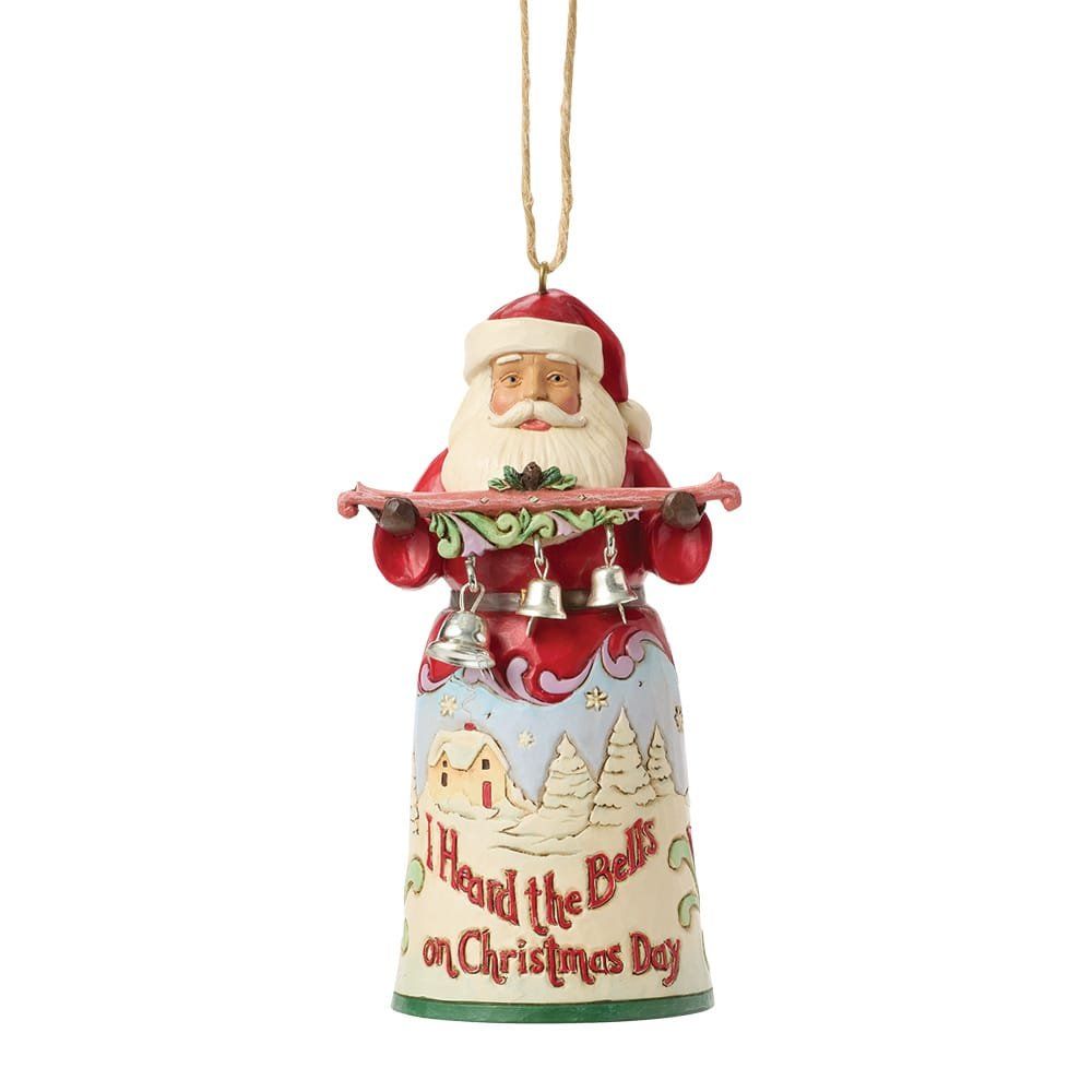 Kerstornament van de Kerstman met bellen; rood pak, witte baard, winterlandschap als achtergrond, tekst