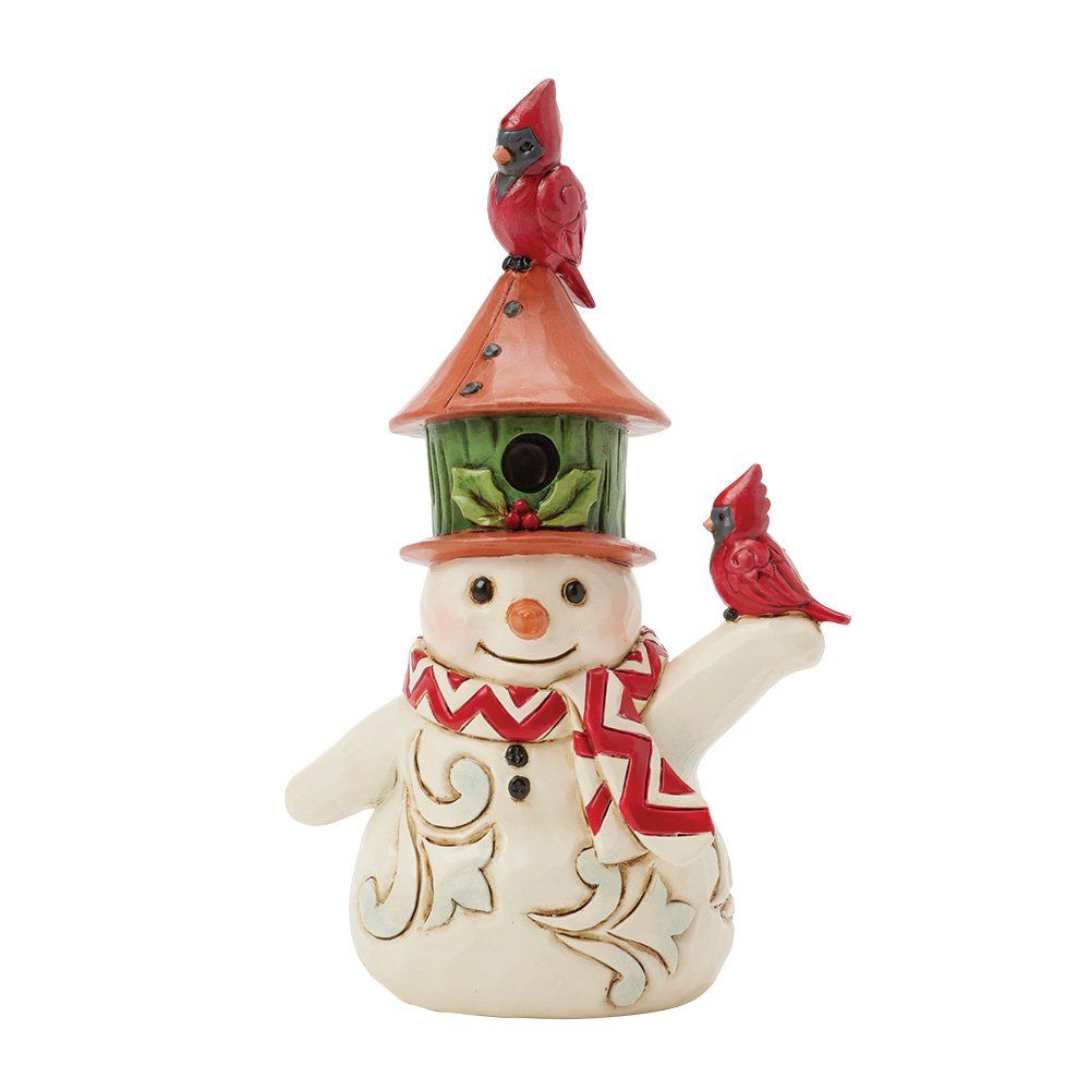 Sneeuwpop met vogelhuisje op zijn hoofd, rode kardinalen, met sjaal om.