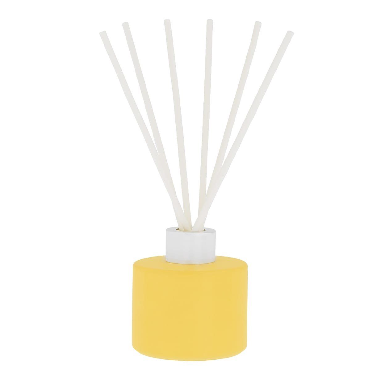Gele rietdiffuser met witte rietjes, tekst