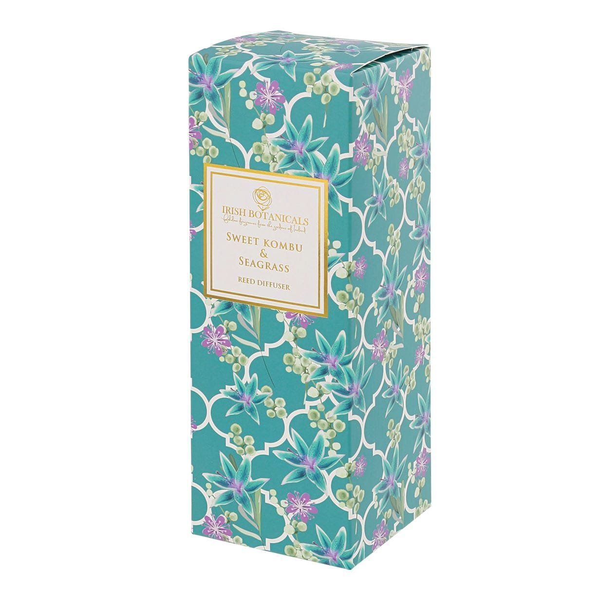Hoge, bedrukte doos met een turquoise achtergrond, bloemenpatroon en gouden etiket.