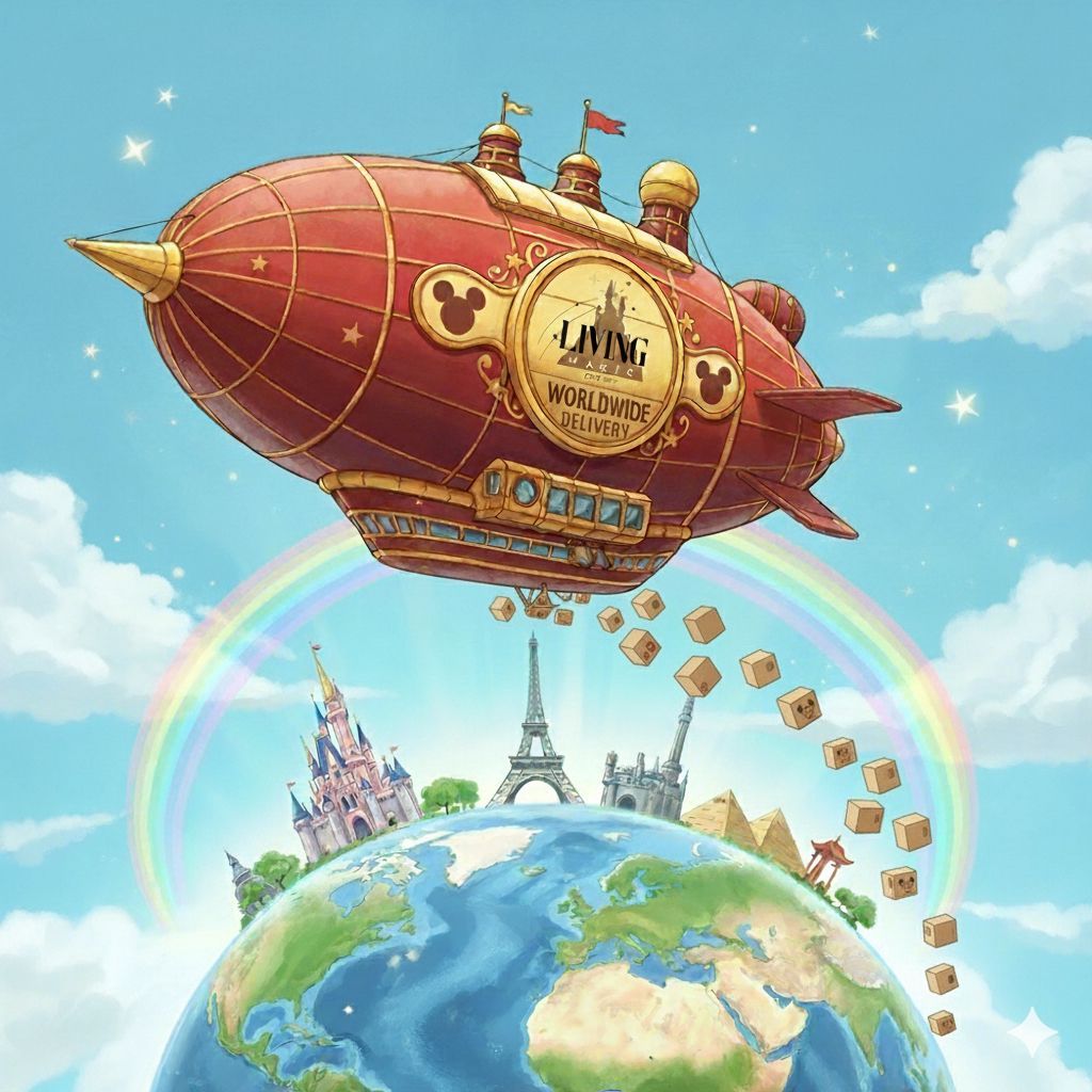 Een rood luchtschip met Disney-thema vliegt boven een wereldbol en deelt dozen uit boven wereldberoemde bezienswaardigheden. Op de achtergrond is een regenboog te zien.