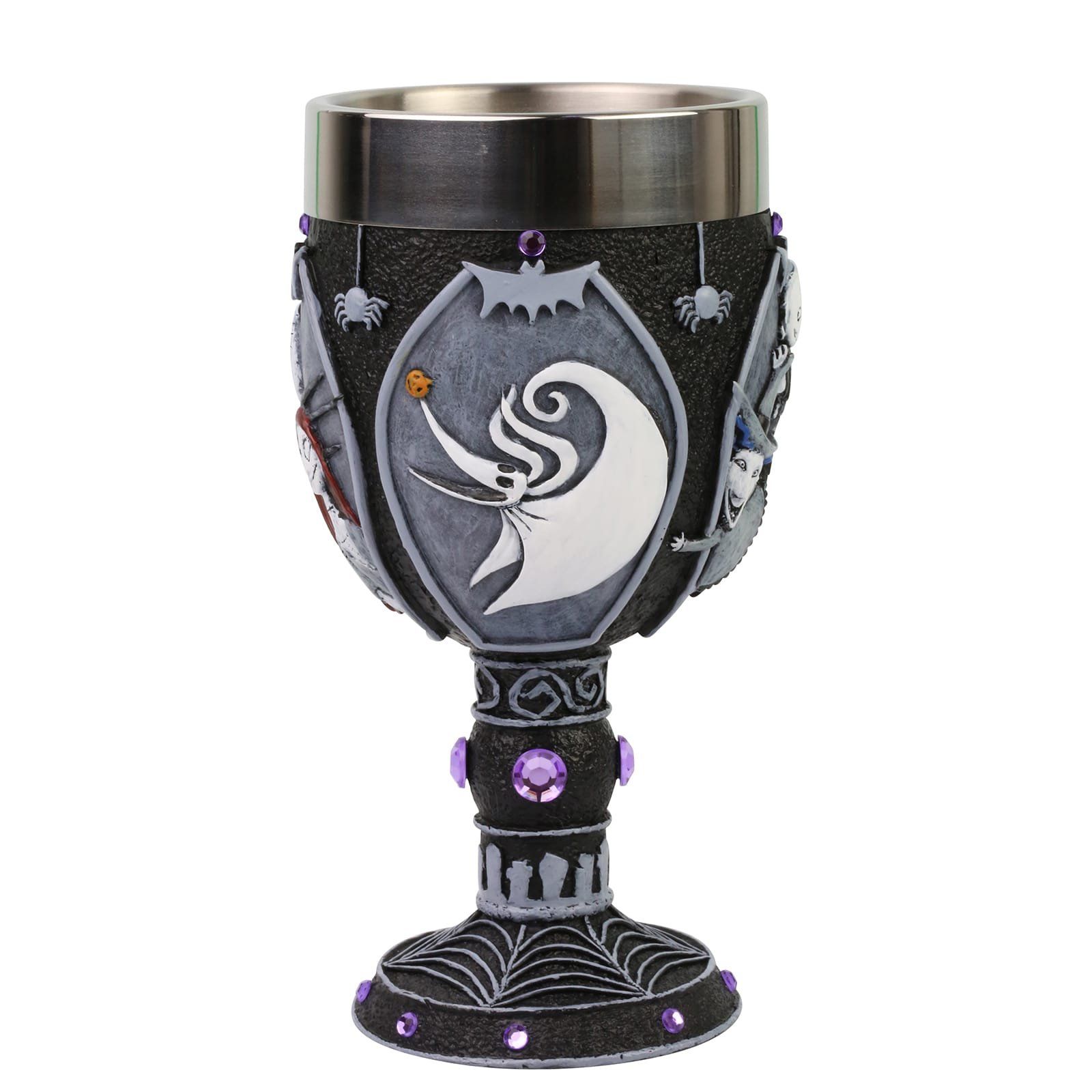 Kerstbeker met afbeeldingen van Jack en Sally uit Nightmare Before Christmas, grijs met paarse accenten.