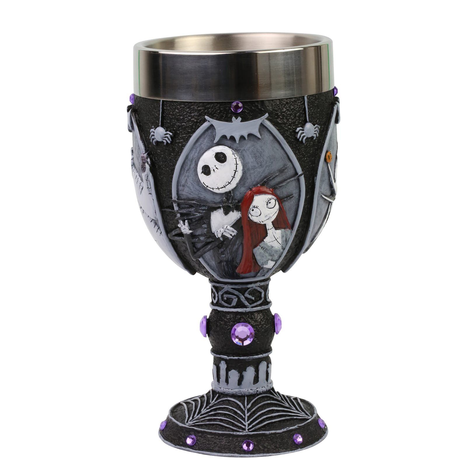 Kerstbeker met afbeeldingen van Jack en Sally uit Nightmare Before Christmas, grijs met paarse accenten.
