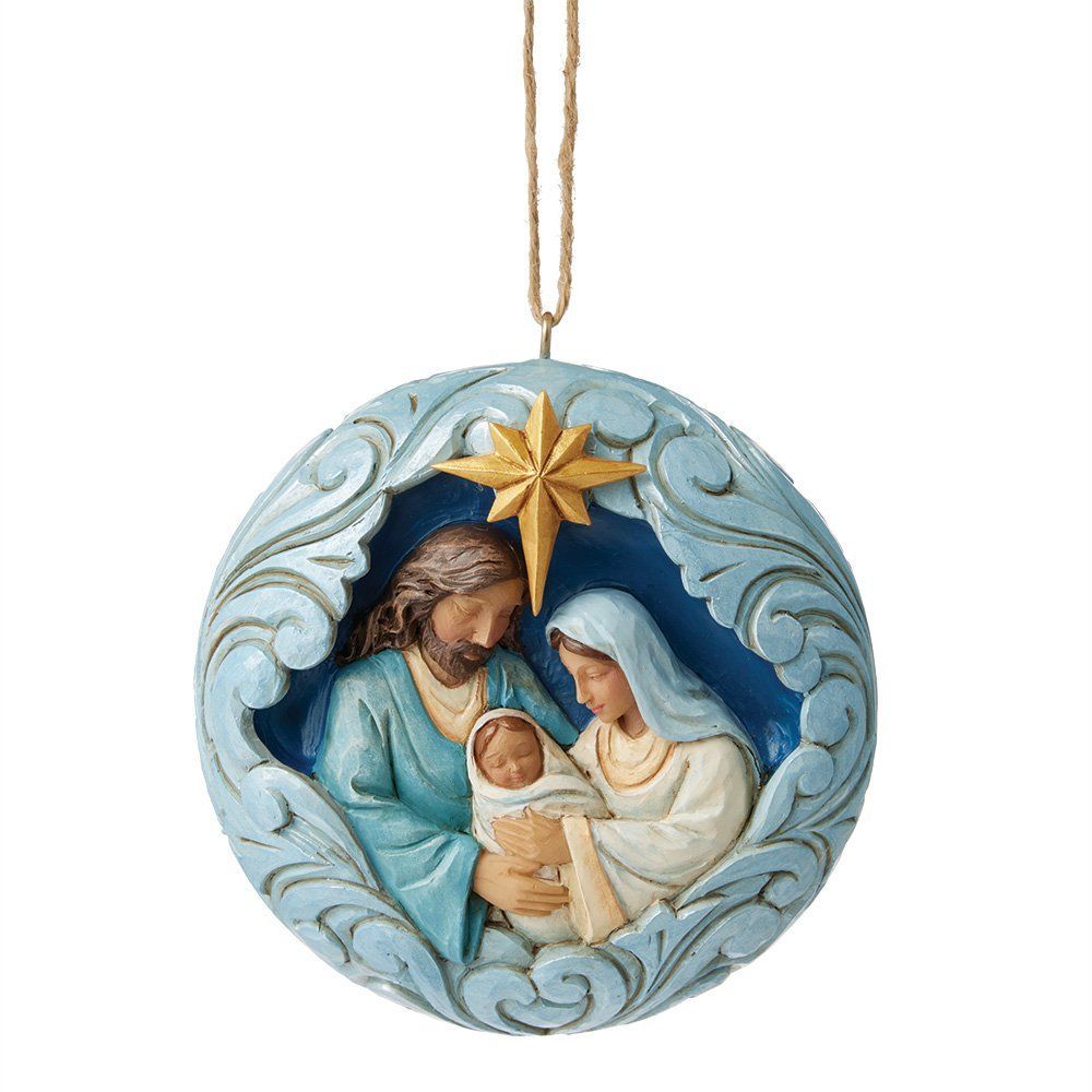 Kerststaldecoratie: Jozef, Maria en het kindje Jezus in een blauw en goudkleurig rond frame, met een ster erboven.