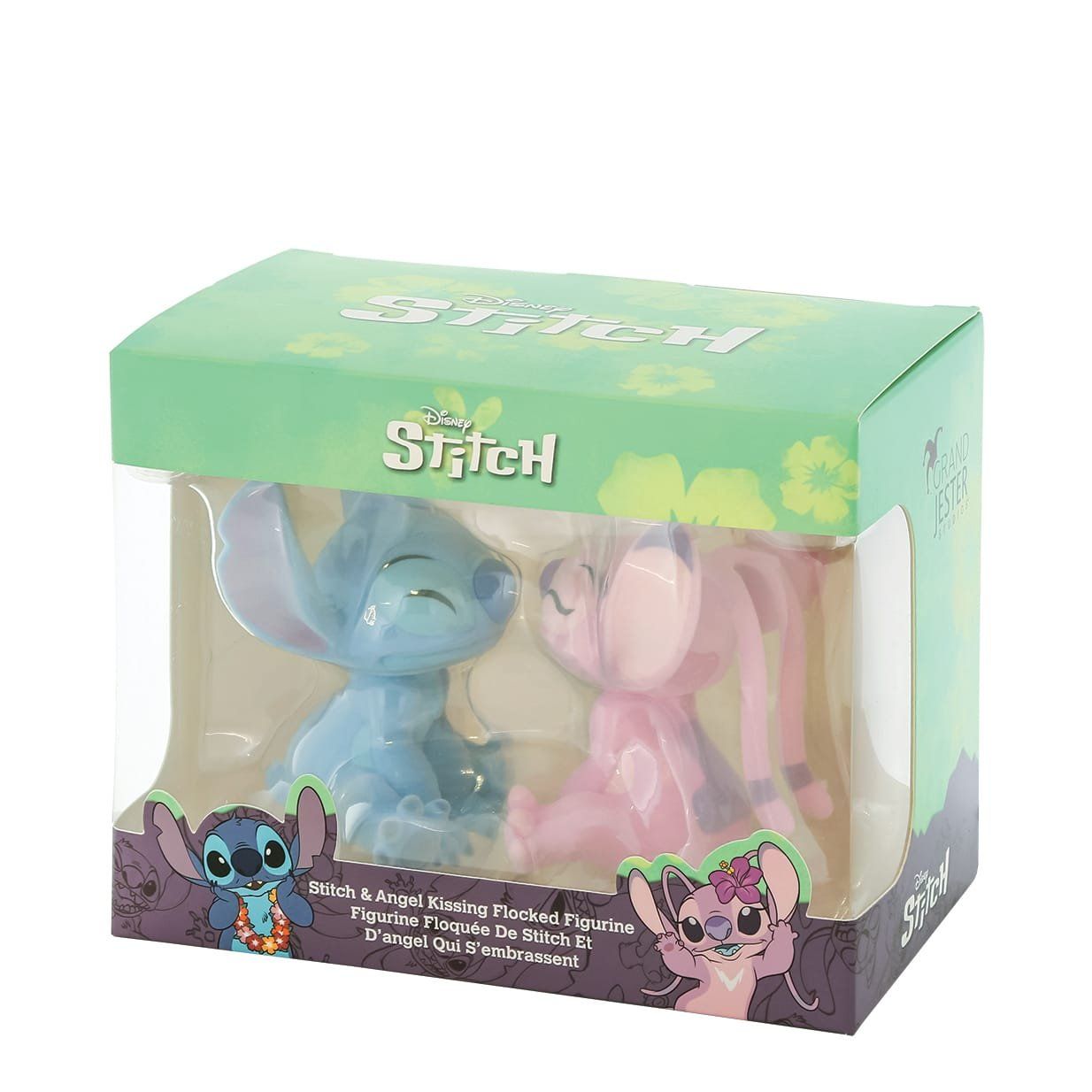 Disney Stitch en Angel beeldjes in een doosje: een blauwe Stitch en een roze Angel die tegenover elkaar staan, in een groen-paarse doos.