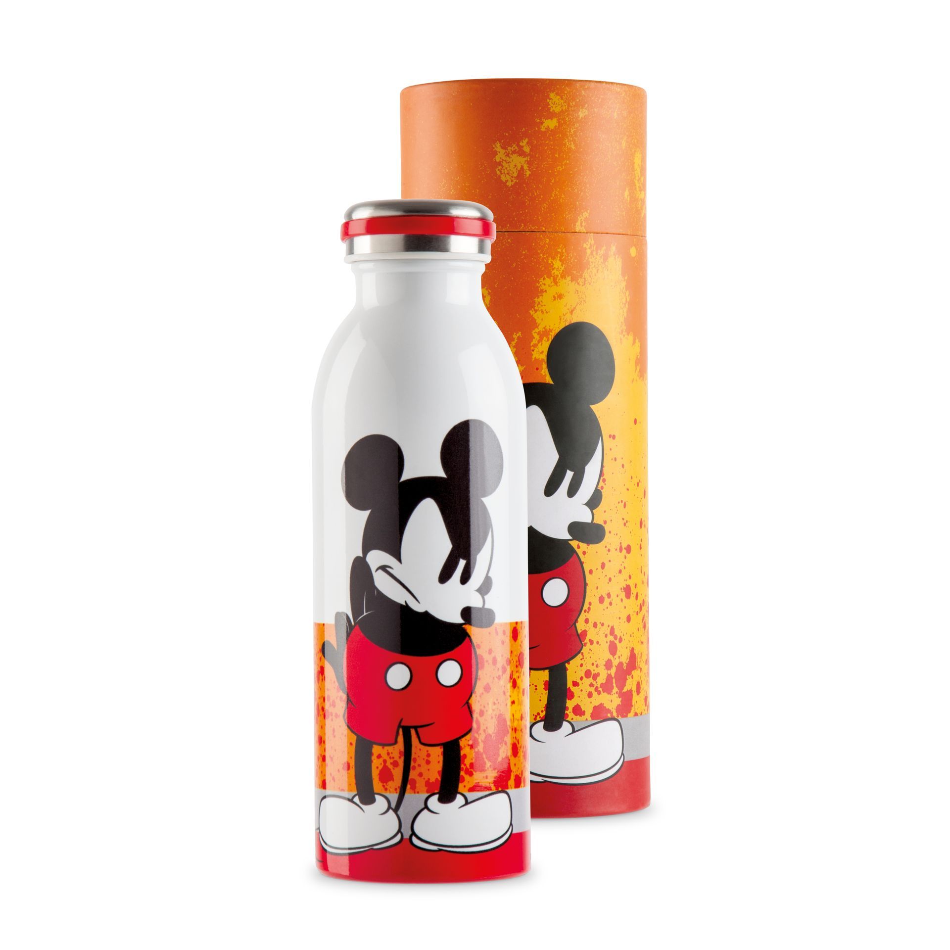 Een waterfles met Mickey Mouse-print voor de oranje gespikkelde verpakking. De fles heeft een witte body met rode accenten.