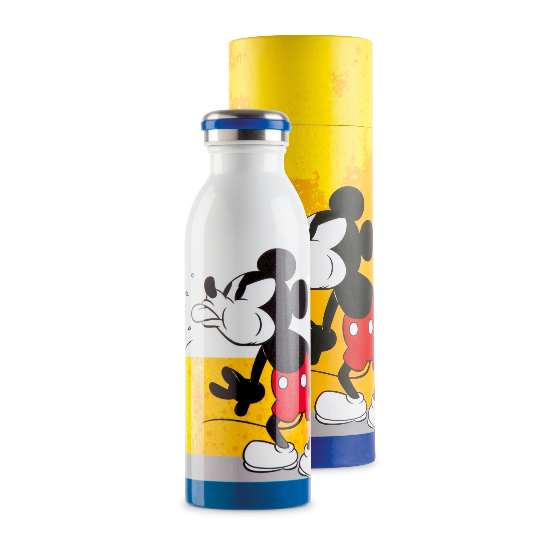 Een waterfles met Mickey Mouse-print voor een gele container. Zowel de fles als de container zijn voorzien van Mickey Mouse-afbeeldingen.
