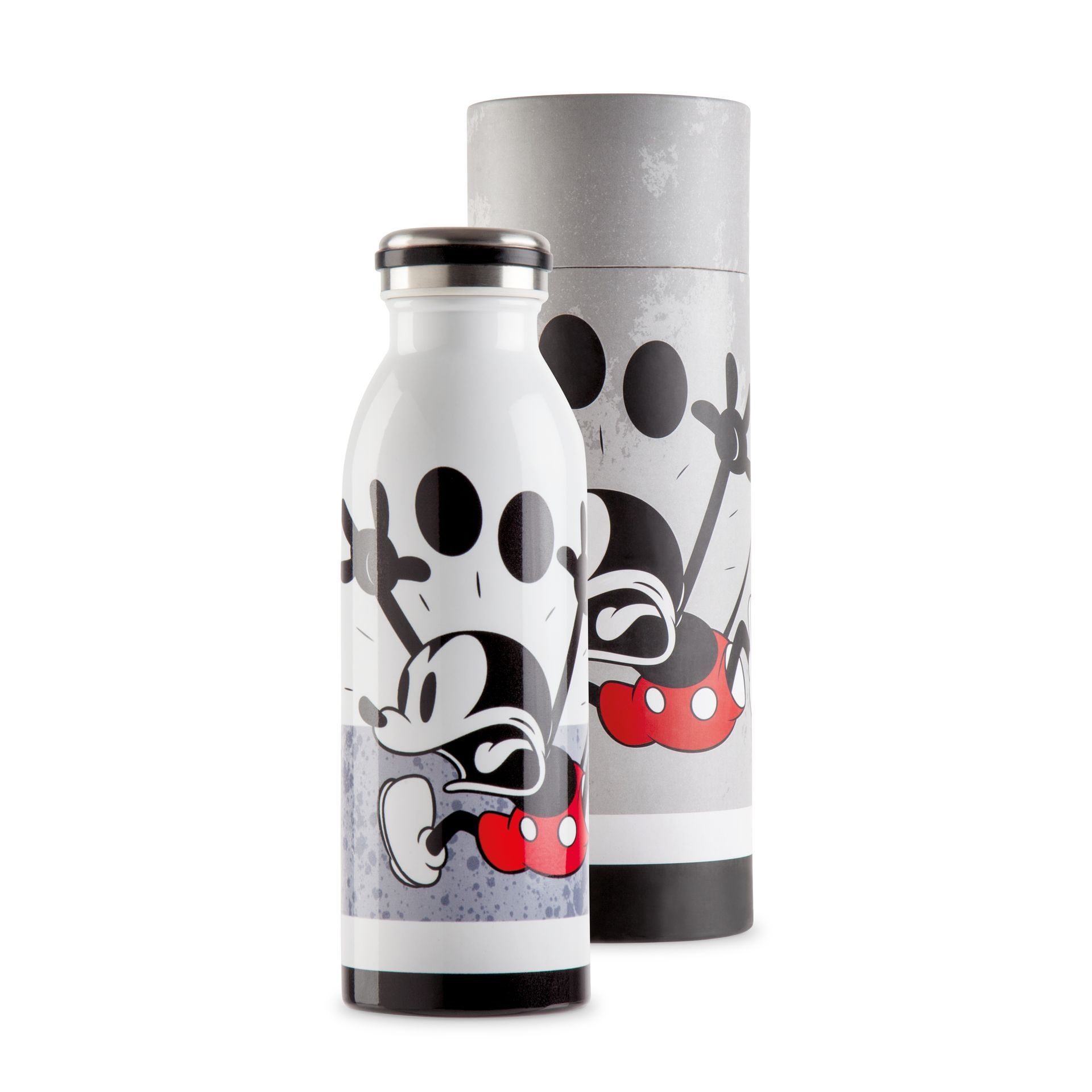 Witte waterfles met Mickey Mouse-opdruk naast een bijpassende opbergbuis.