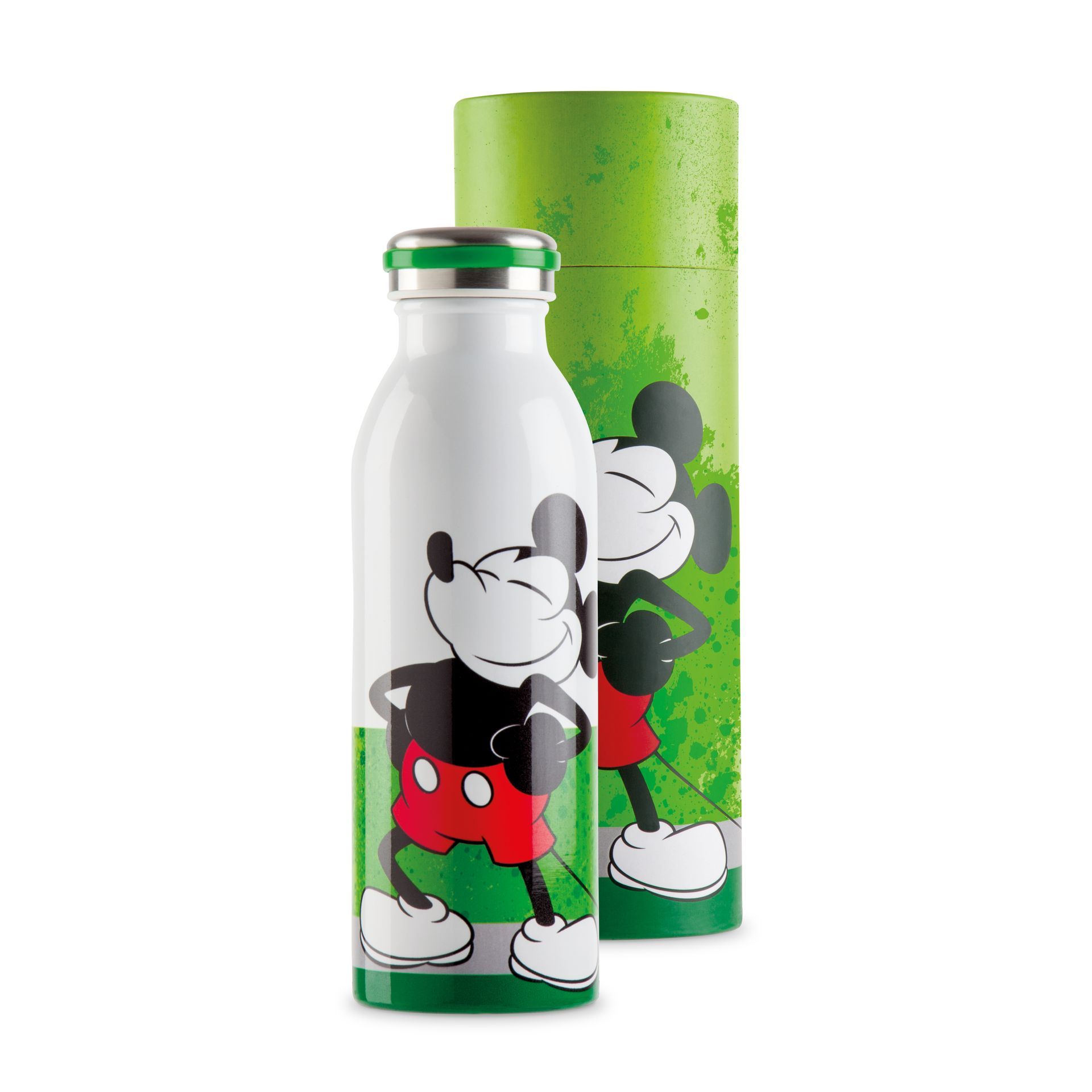 Witte Mickey Mouse-waterfles met groene accenten en een bijpassende groene opbergfles.