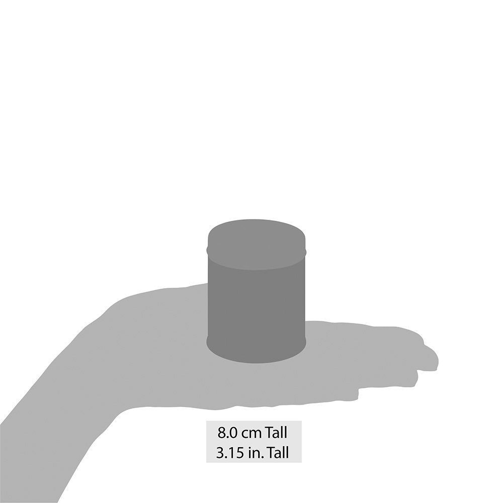Hand die een klein, grijs cilindervormig bakje vasthoudt; de hoogte is 6 cm of 3,15 inch.