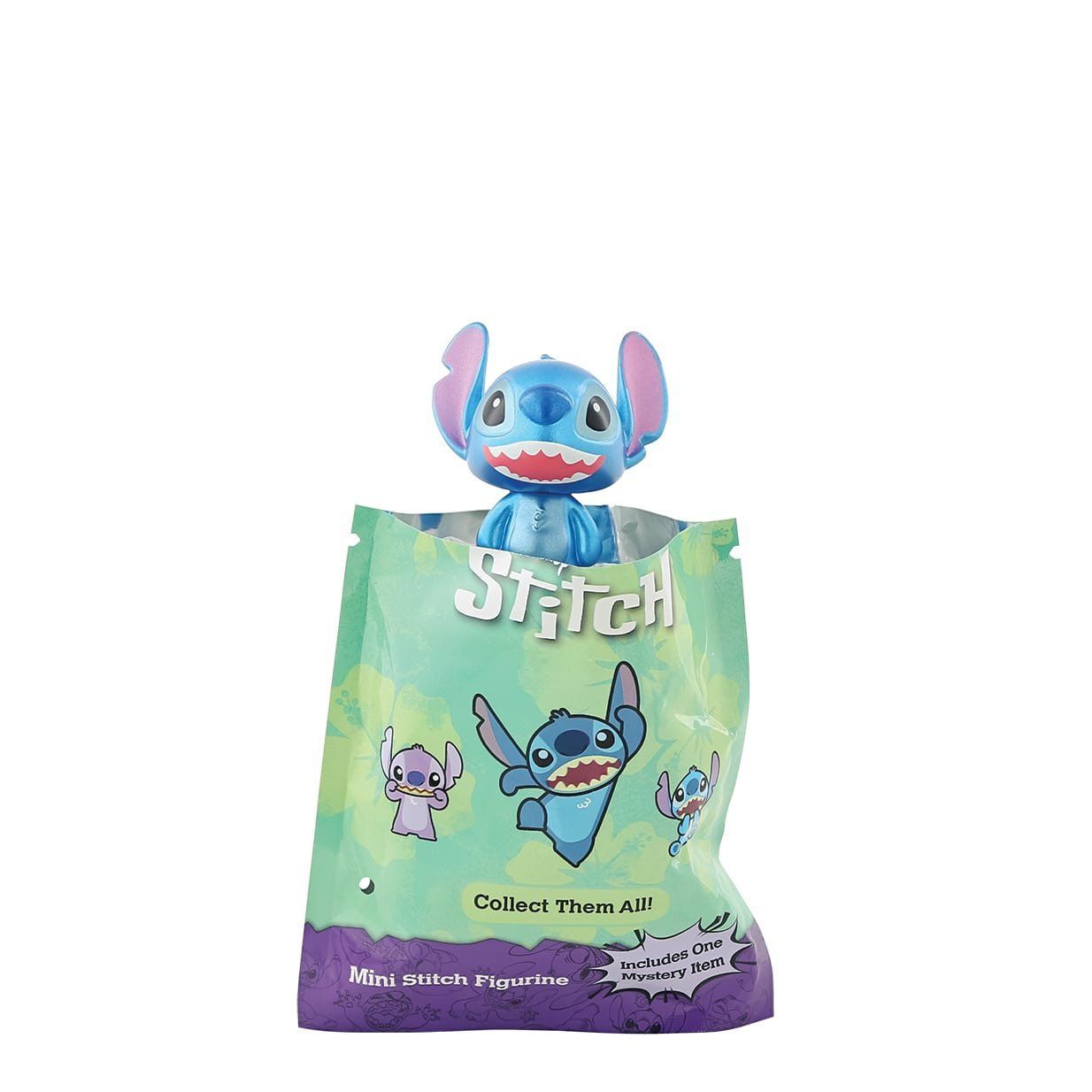 Een Stitch-figuurtje dat tevoorschijn komt uit een turquoise en paarse tas met Stitch-motieven.
