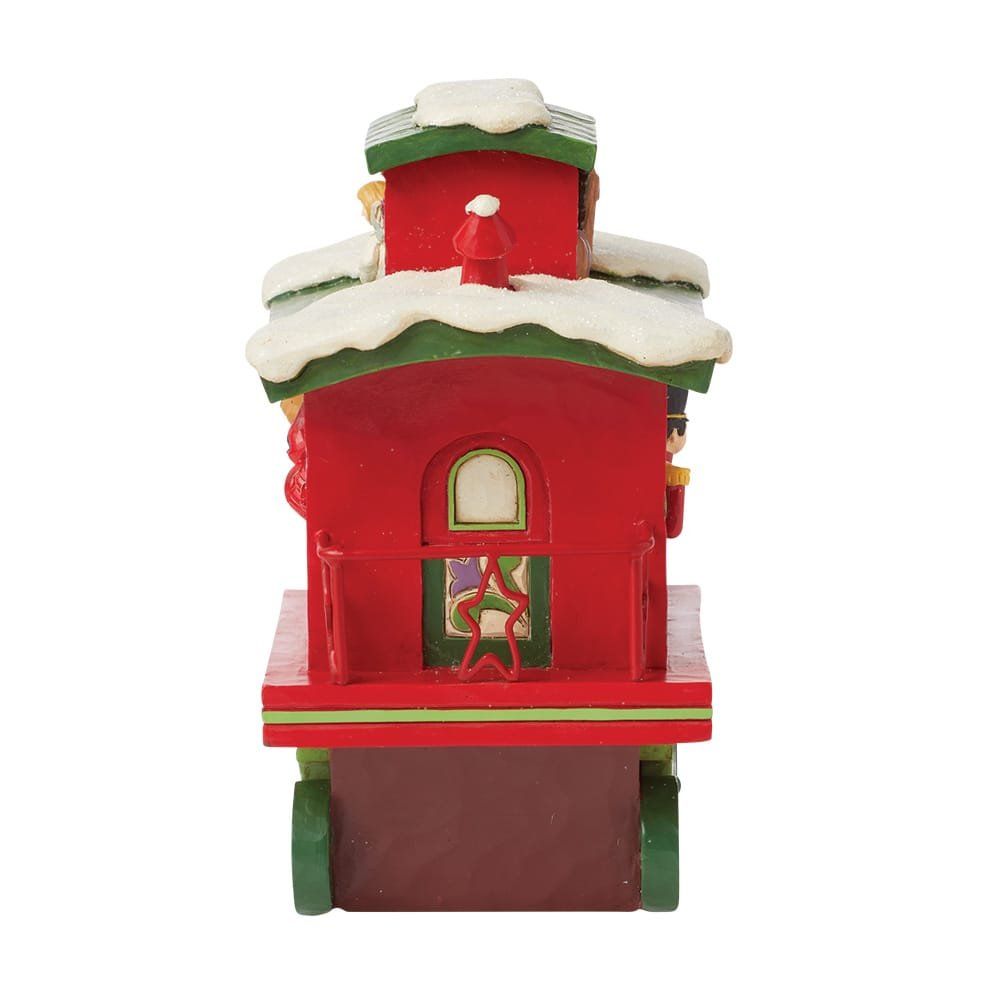 Kersttreinornament met een beer, een engel, een kardinaal en de tekst