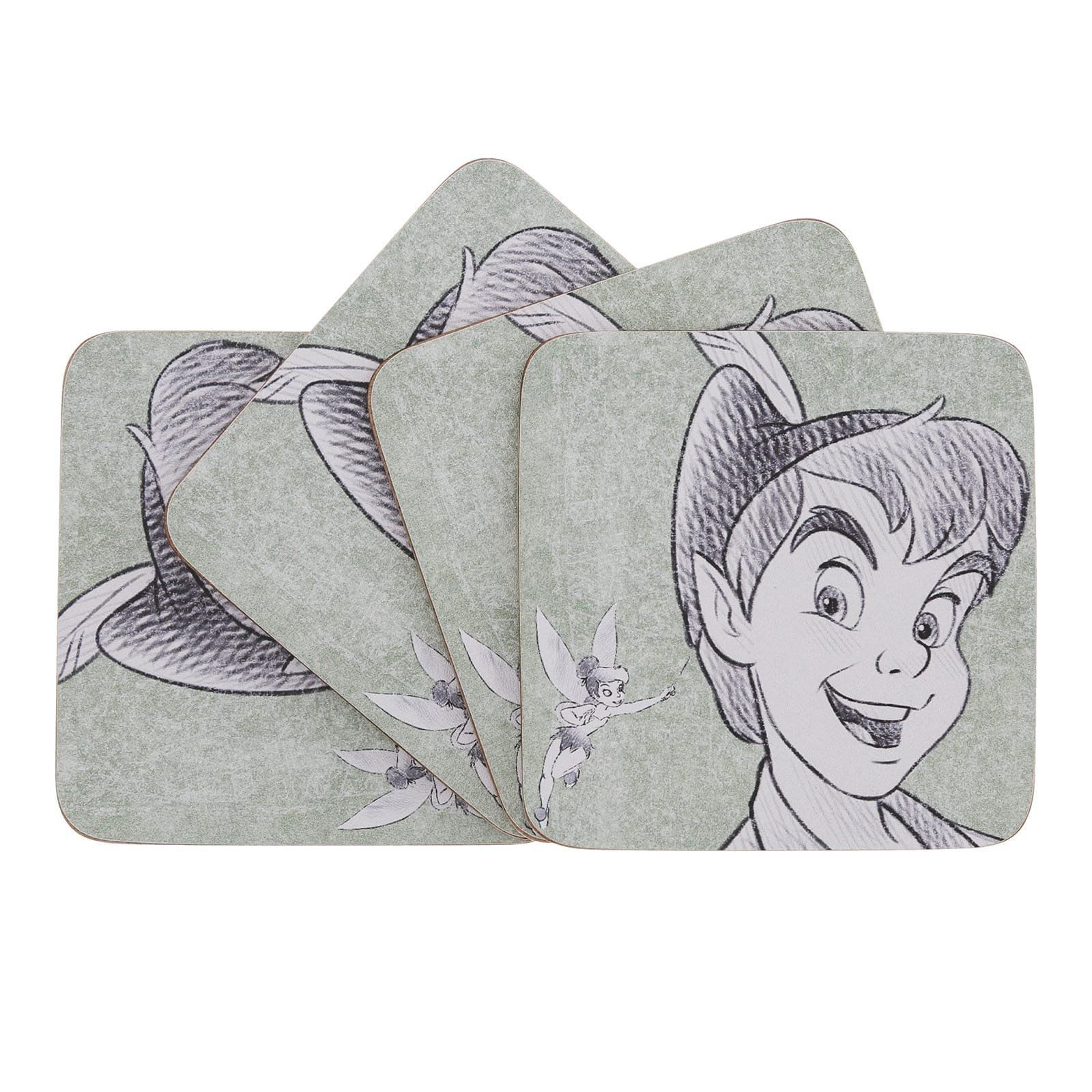 Set onderzetters met Peter Pan en Tinkerbell in grijstinten.